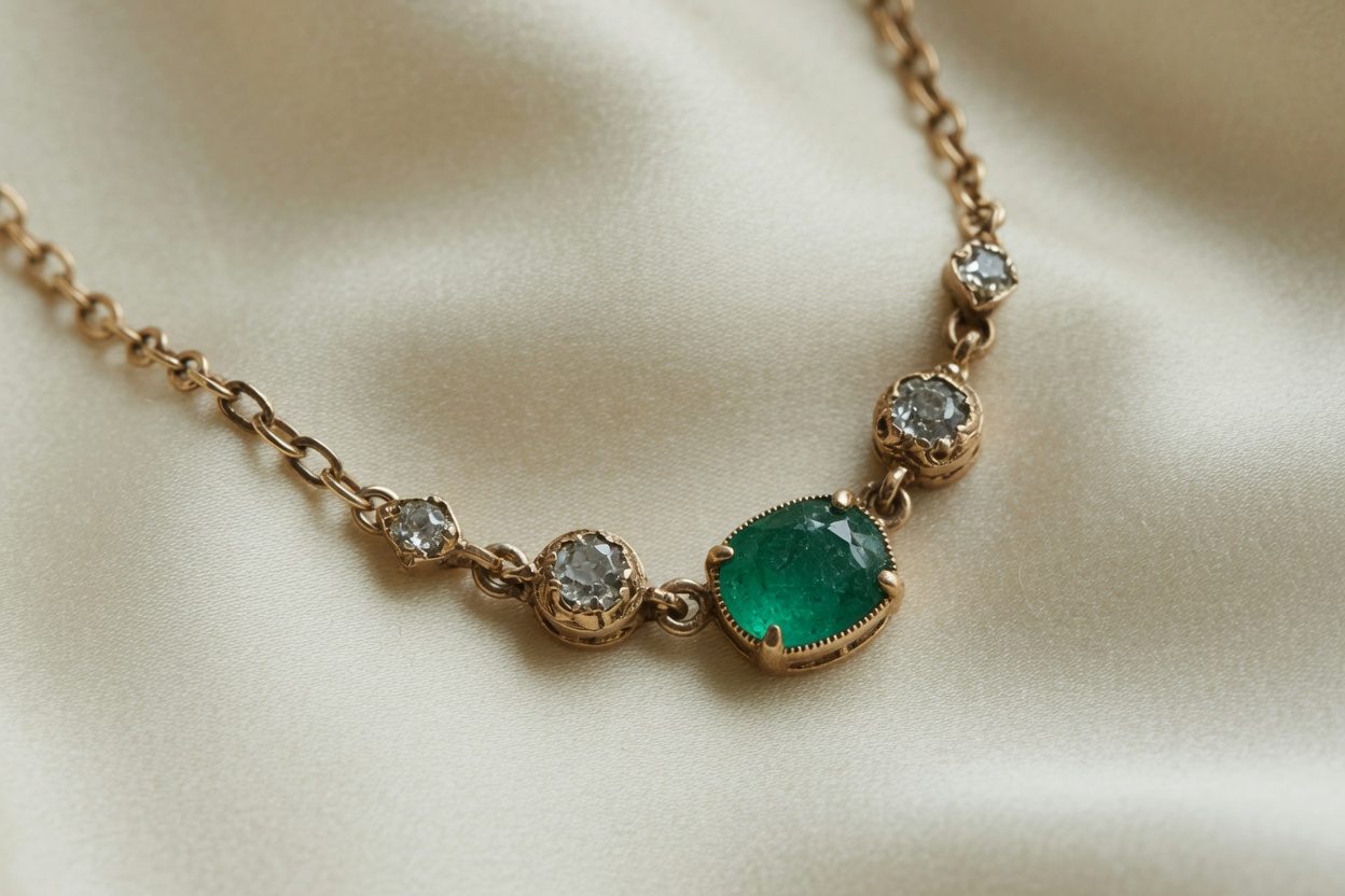 An antique gold necklace with an emerald and old-cut diamonds on ivory silk.