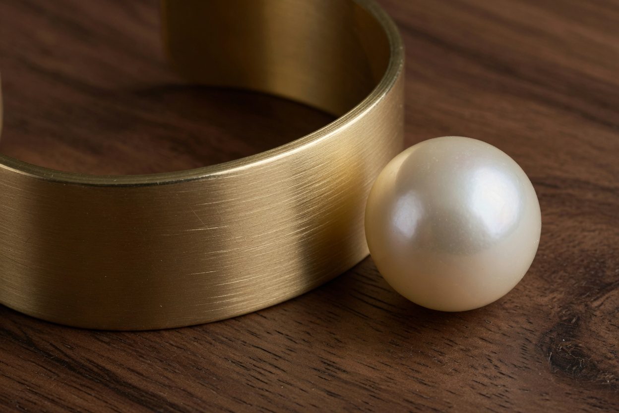 A brushed gold cuff beside a single cream pearl.