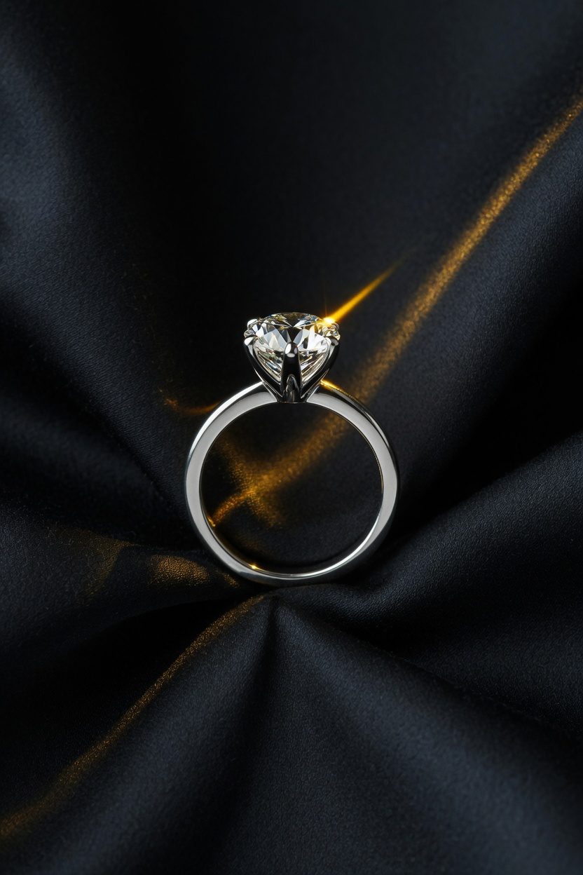 A solitaire diamond ring standing in black silk.