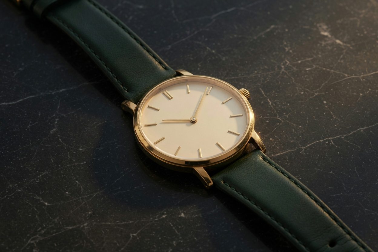 A gold dress watch with a cream dial and a dark green strap.