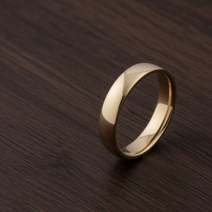 A plain polished gold band, photographed on dark wood.