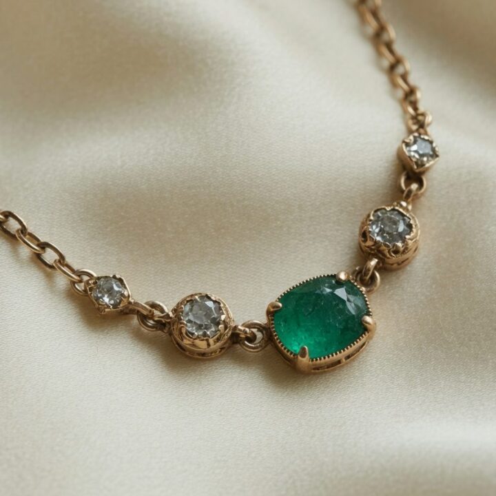 An emerald and old-cut diamonds on a gold chain, photographed on ivory silk.