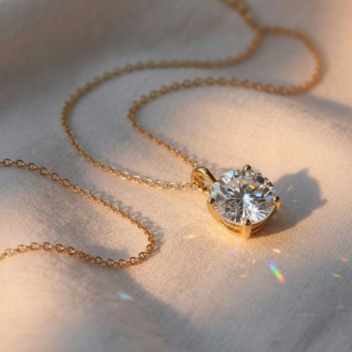 A round diamond pendant on a fine gold chain, photographed on linen.