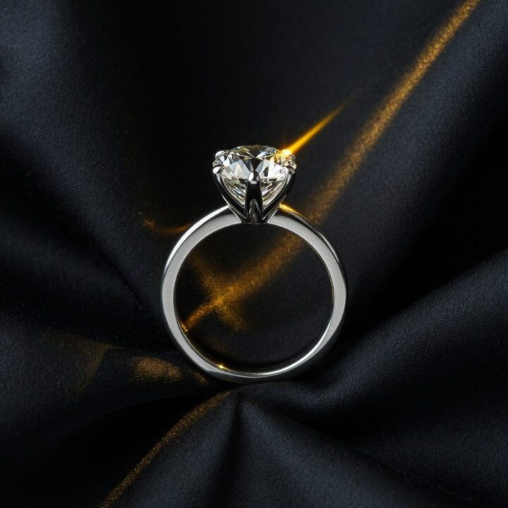 A round diamond solitaire in a four-prong setting, photographed on black silk.