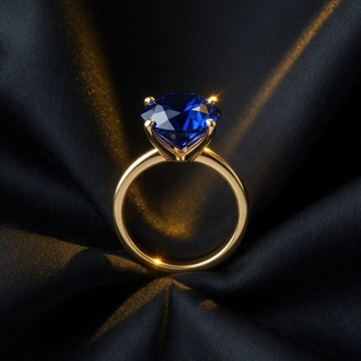 An oval blue sapphire in a four-prong gold setting, photographed on black silk.