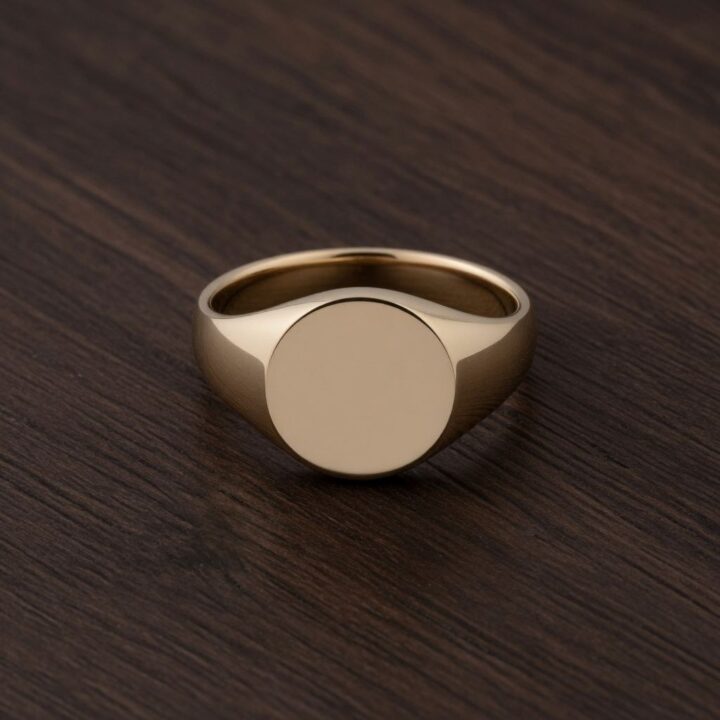 A polished gold signet with a plain face, photographed on dark wood.