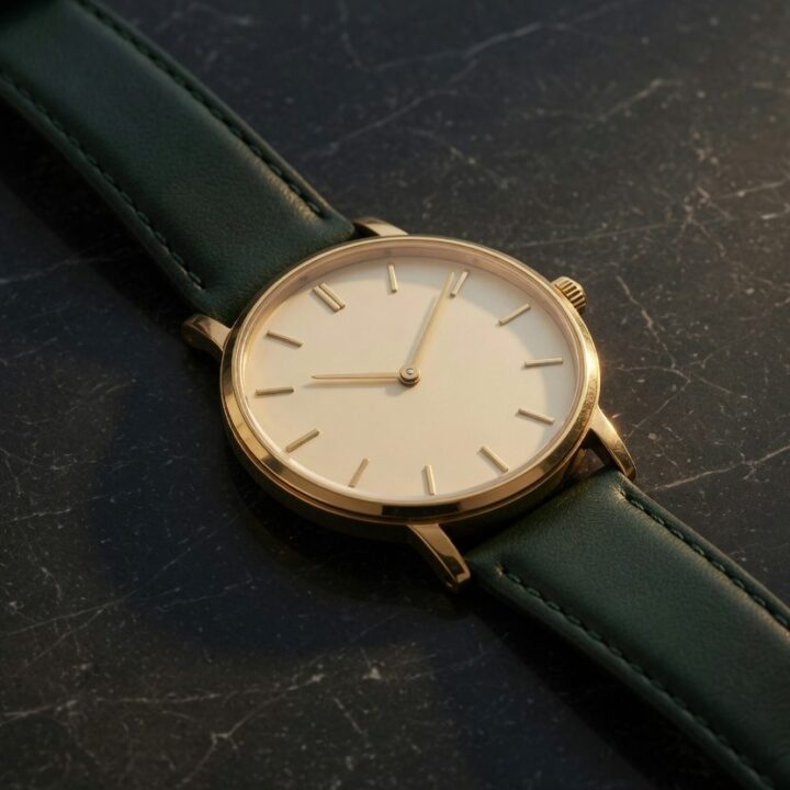 A gold dress watch with a cream dial and a dark green strap, photographed on dark stone.